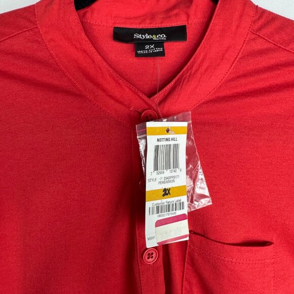 Style & Co Red Button Front Short-Sleeve Mandarin Collar Shirt 100% Cotton Sz 2X - Picture 4 of 7